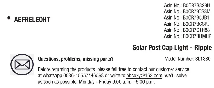 AEFRELEOHT SL1880 Solar Post Cap Light Installation Guide