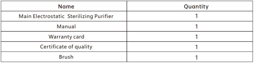 AIRQUALITY KJ400F-01A MESP Air Sterilizing Purifier User Manual - Packing list