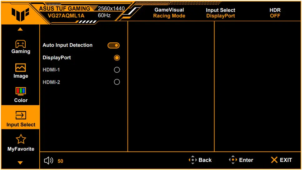 ASUS VG27AQML1A Series TUF Gaming Monitor - Input