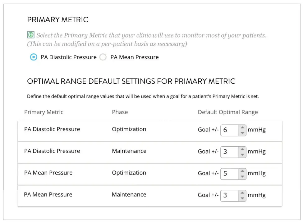Abbott P100045 CardioMEMS HF System - PA pressure default settings