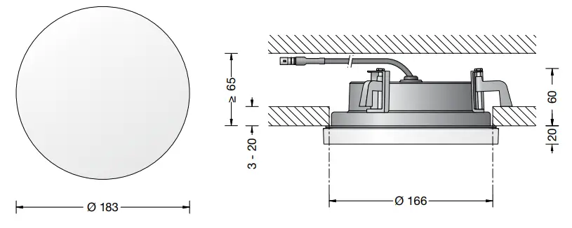 BEGA 50 527 Semi Recessed Ceiling and Wall Luminaire - Dimension