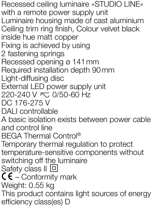 BEGA 51076.6 Recessed Ceiling Luminaire - Product description
