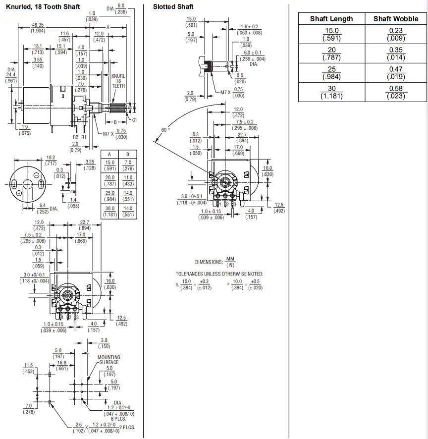 BOURNS PRM16 Series 16 mm Motorized Potentiometer - Product Dimensions