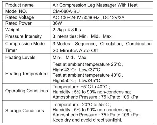 CINCOM CM-080A-BU Compression Leg Massager-specification