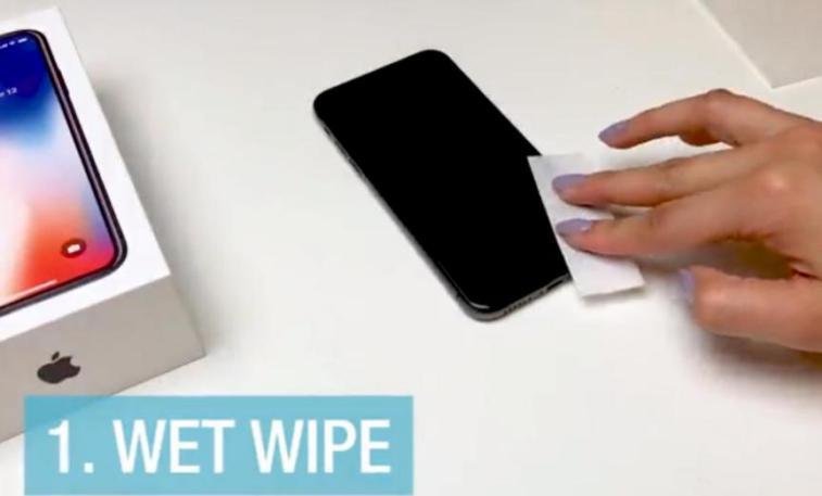 Clean the screen by using wet wipe, and wiping cloth