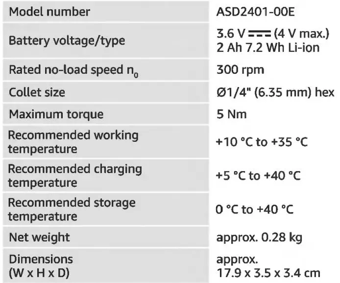 DENALI ASD2401-00EC Cordless Stick Screwdriver User Manual - Specifications
