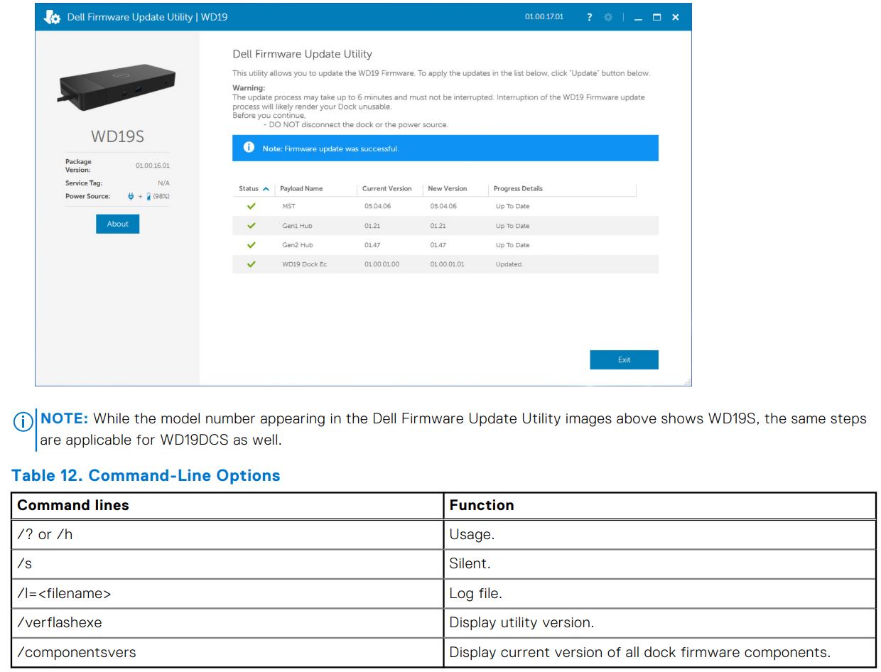 Dell WD19DCS Docking Station Dual Cable User Guide - The update status is displayed above the payload information