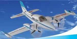 a propeller plane that is flying in the air