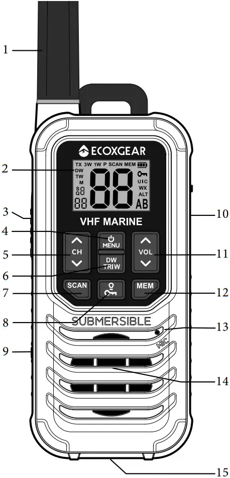 ECOXGEAR EXM300 Vhf Marine Radio 3w Handheld - CONTROLS & INDICATORS