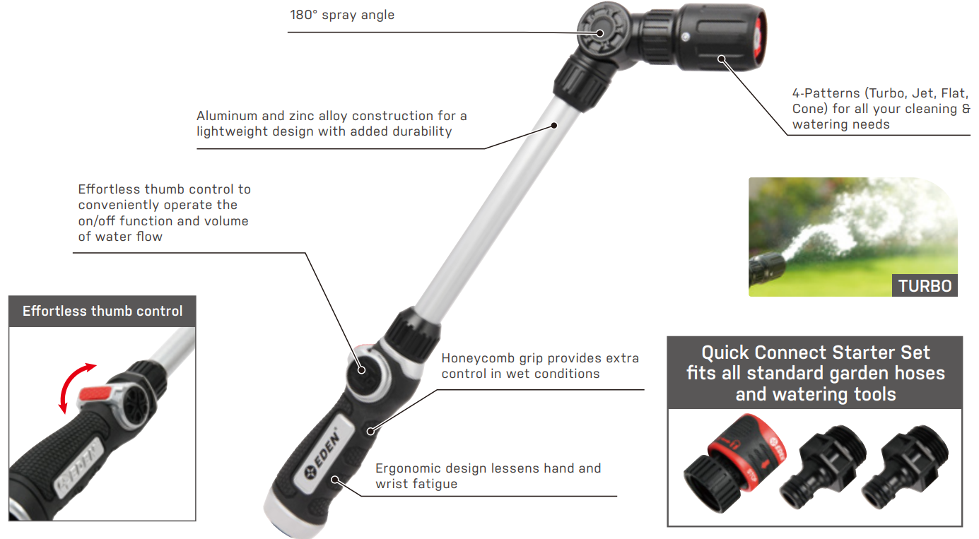 EDEN 94621EDAMZ Pro Metal 4-Pattern 18 Inch Thumb-Control Turbo Watering Wand - fig 1