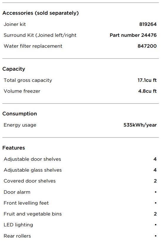 FISHER and PAYKEL RF170WLHUX1 32 Inch Freestanding Refrigerator Freezer User Guide - SPECIFICATIONS