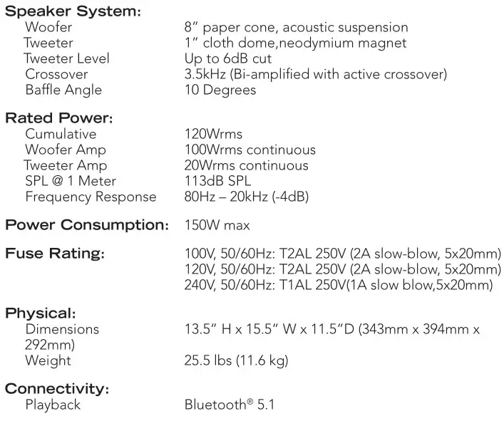 FISHMAN Loudbox Artist Bluetooth Amplifier - Technical Specifications 2