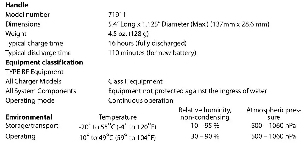 Hill-Rom 719 Series 71930 Lithium Ion Handle - Specifications
