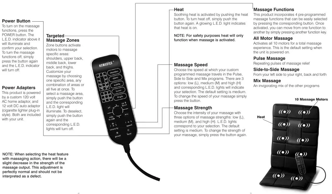 Homedics 10-Motor Programmable Back Massager - Buttons Functions
