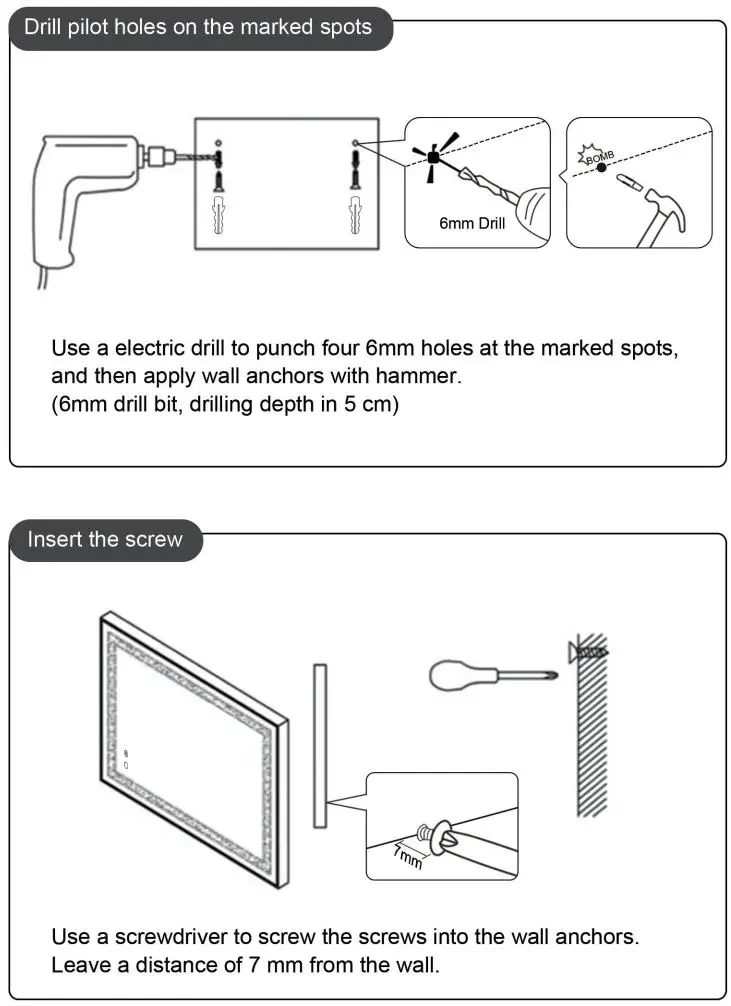 KEONJINN 28LX20W LED Mirror Bathroom Light Instruction Manual - Installation of LED Mirror