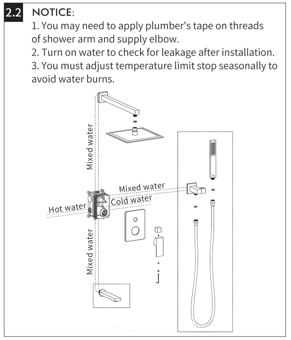 KES XB6300-BK Black Shower Faucet Set Shower System with Tub Spout - Notice