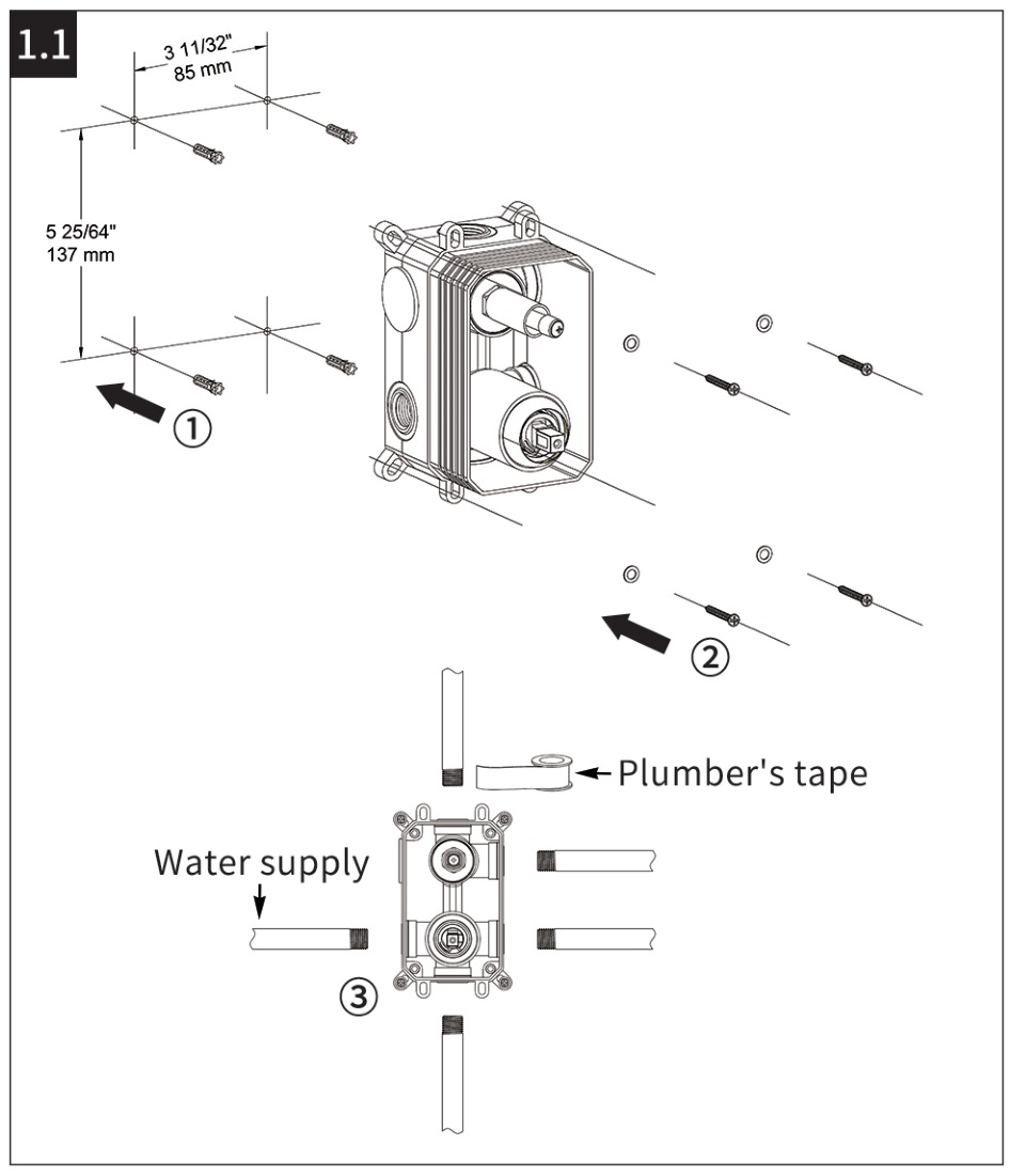 KES XB6300-BK Black Shower Faucet Set Shower System with Tub Spout - ROUGH-IN INSTALLATION