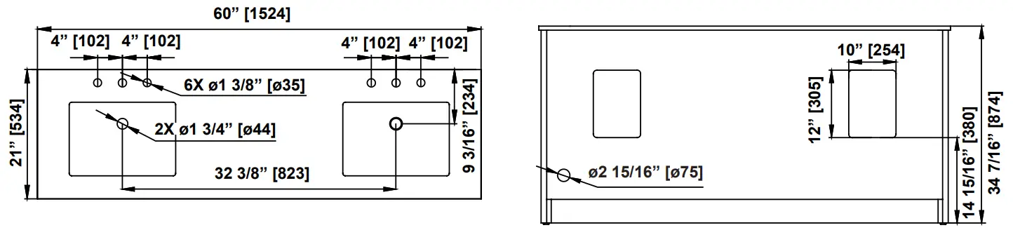 MISENO 059FY Tahoe 60 Free Standing - DIMENSIONS