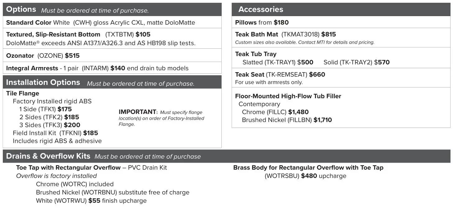 MTI 94A Designer Collection Tubs - For more information on options and accessories
