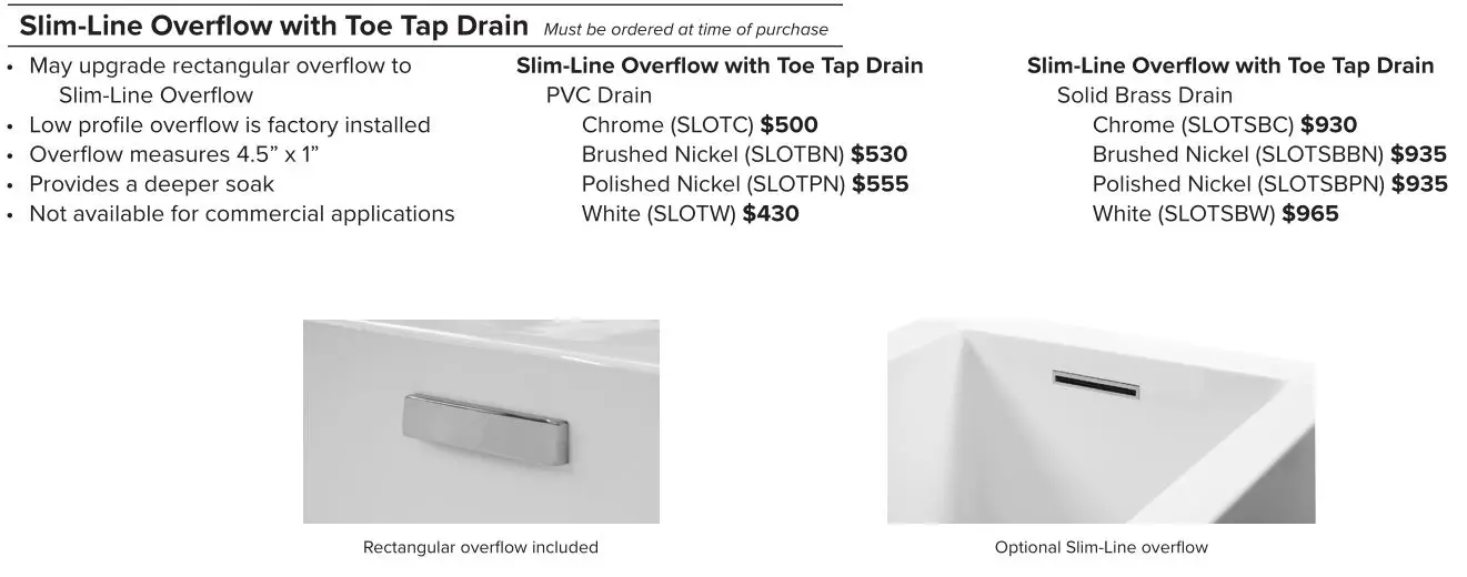 MTI 94A Designer Collection Tubs - Slim-Line Overflow with Toe Tap Drain