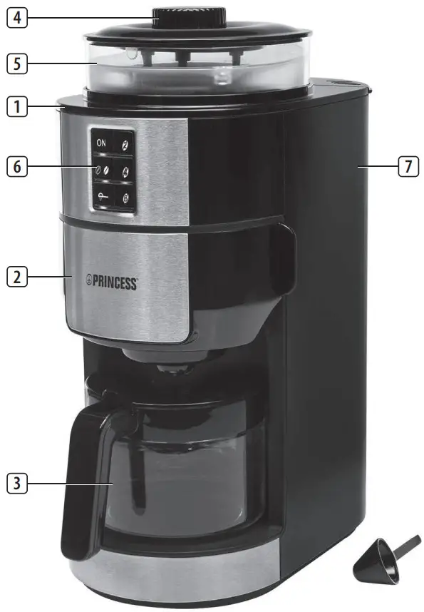 PRINCESS 01 249408 01 001 Grind and Brew Coffee Maker Compact Deluxe - PARTS DESCRIPTION