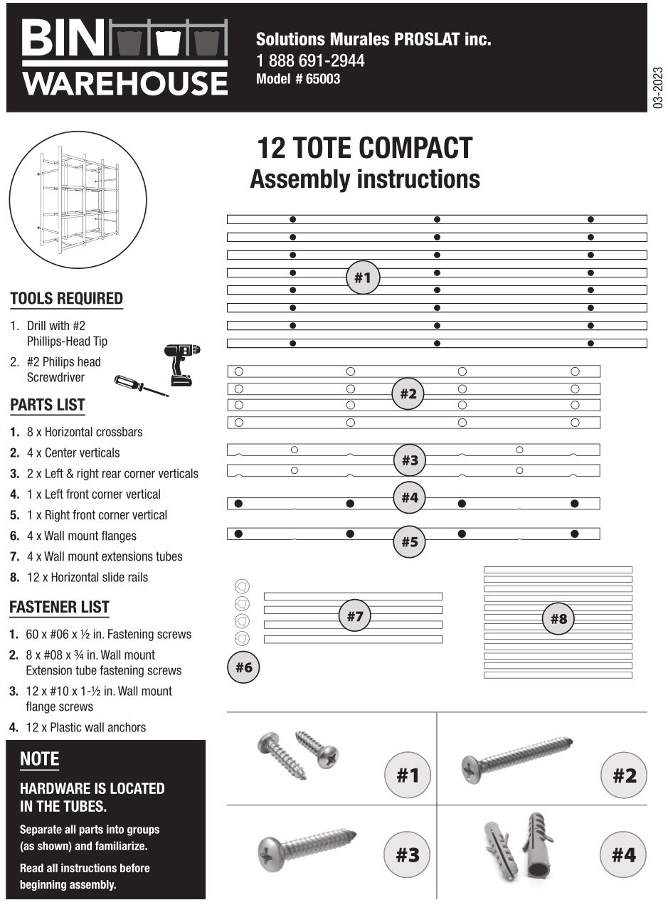 PROSLAT 65003 12 Tote Compact Assembly Instruction, Tools Req., Parts list and FASTENER LIST