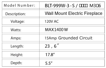 Paramount Curved Wallmount Electric Fireplace - Specification