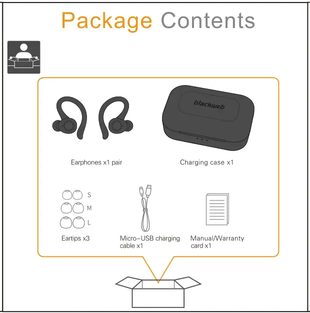 Blackweb True Wireless Earbuds BWD19AAH - Package Contents