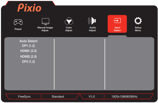 Pixio PX259 Prime Gaming Monitor - Input select