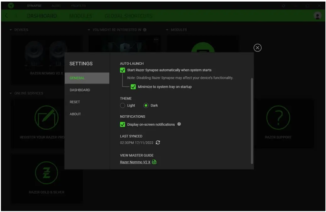 RAZER Nommo V2 X PC Gaming Speaker System - SETTINGS WINDOW