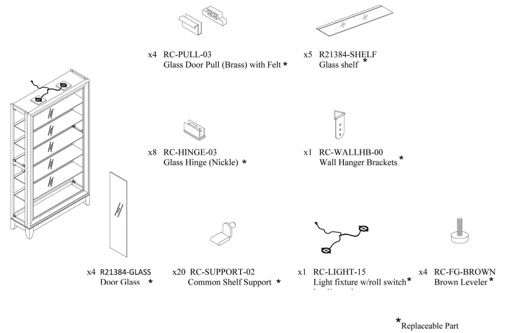 Roseto HMIF40126AGS Locris 46 5 Shelf Hardwood Curio Cabinet - door pull1