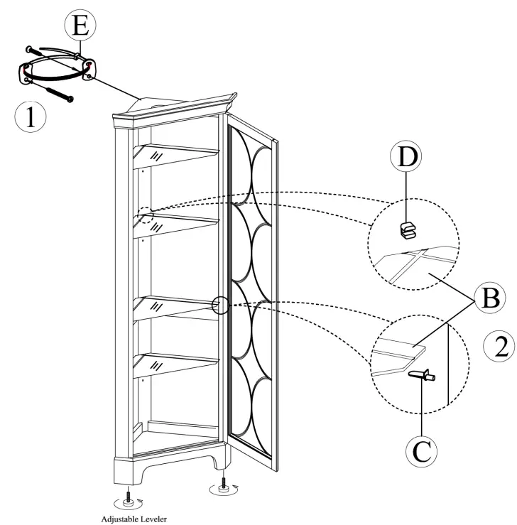 Roseto HMIF85404 Shelf Hardwood Corner Curio Cabinet - glass shelf1