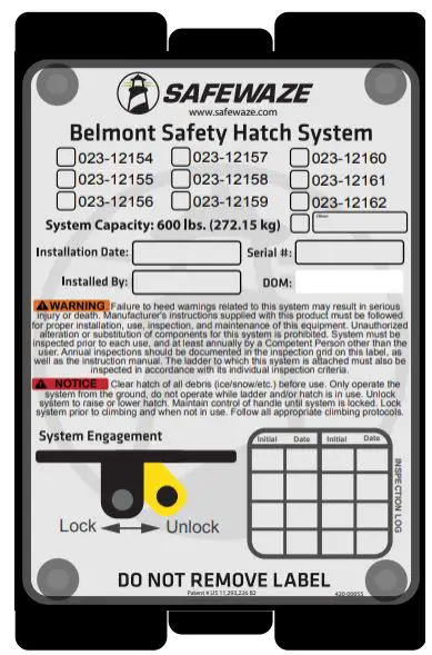 SAFEWAZE 023-12154 Belmont Safety Hatch System User Manual - LABEL