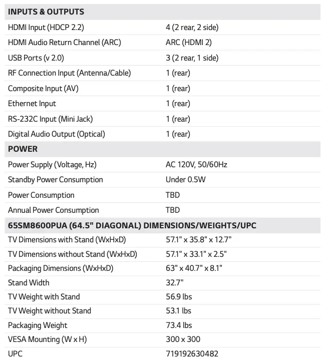 SPECIFICATIONS C