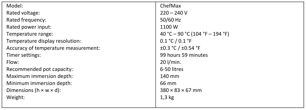 Salente ChefMax Sous Vide Cooker - TECHNICAL SPECIFICATION