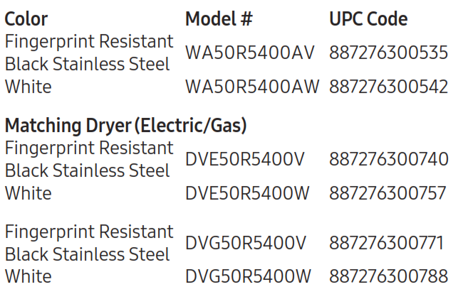 Samsung WA50R5400AV Top Load Washer with Super Speed 5.0 - Installation Specifications