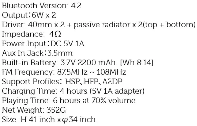 Sbode 06 Portable Bluetooth Speaker - Technical Data