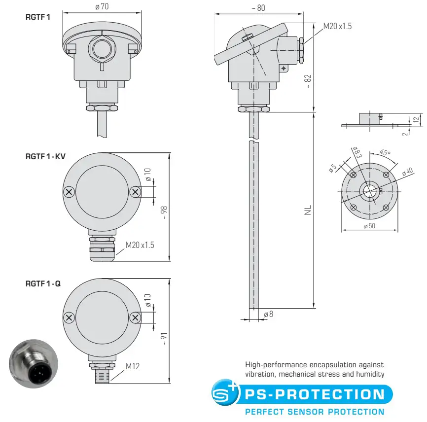 THERMASGARD RGTF1 Duct Temperature Sensor - Dimensional drawing