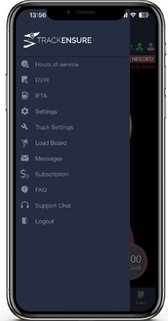 TRACKENSURE iOS ELD Application - SIDE MENU
