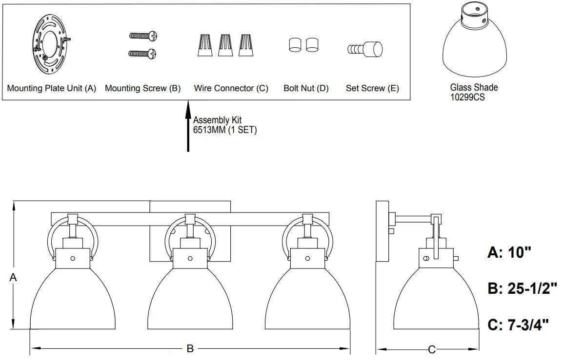 VAXCEL W0418 Ogden 3 Light 26 Wide Vanity Light - Spare Parts List