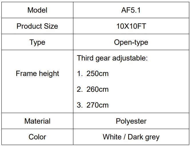 VEVOR AF5.1 Canopy Tent User Manual - MODEL AND PARAMETERS