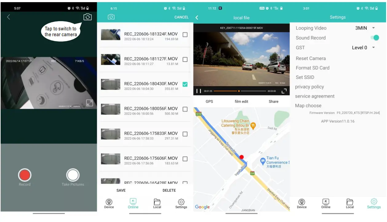 VSYSTO F4.5X Motorcycle Dashboard Camera Recorder - app operation