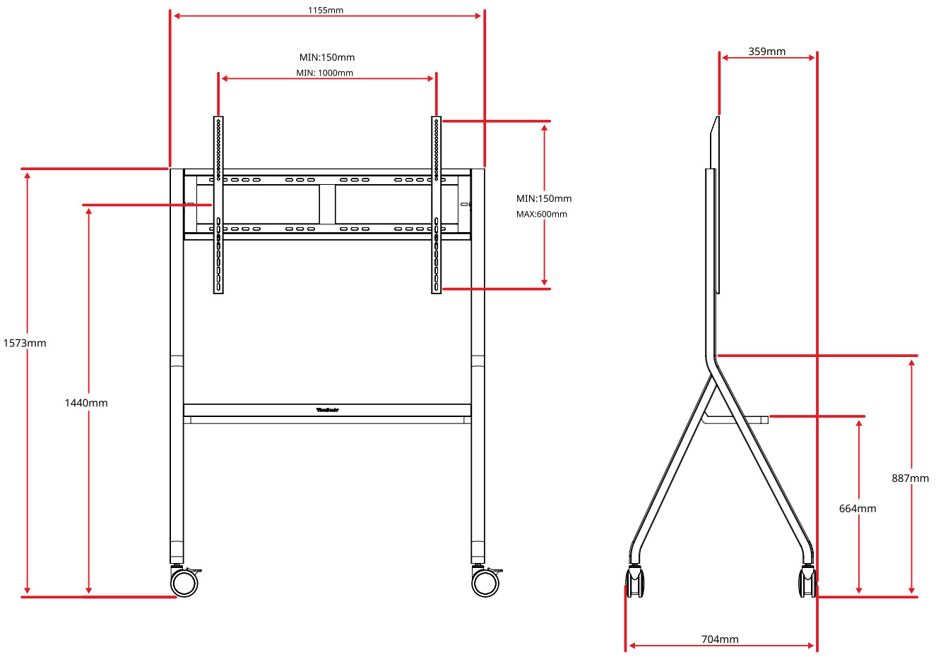 ViewSonic VB STND 009 Slim Trolley Cart - Dimensions