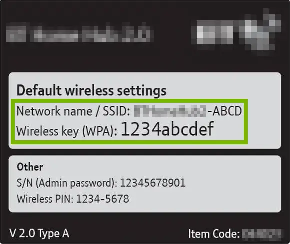 Default Wi-Fi credentials highlighted on router/gateway sticker.