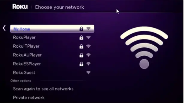 Roku Network menu, displaying a list of available Wi-Fi networks.