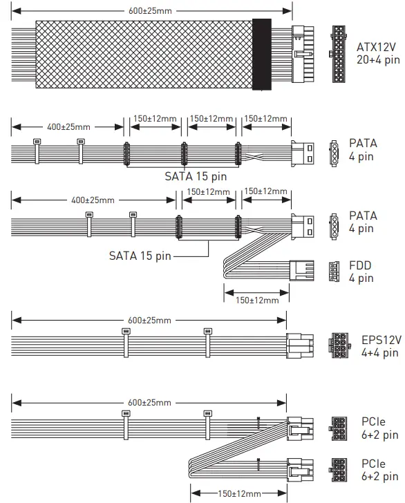 msi MAG A650BN Power Supply - Cable Lengths