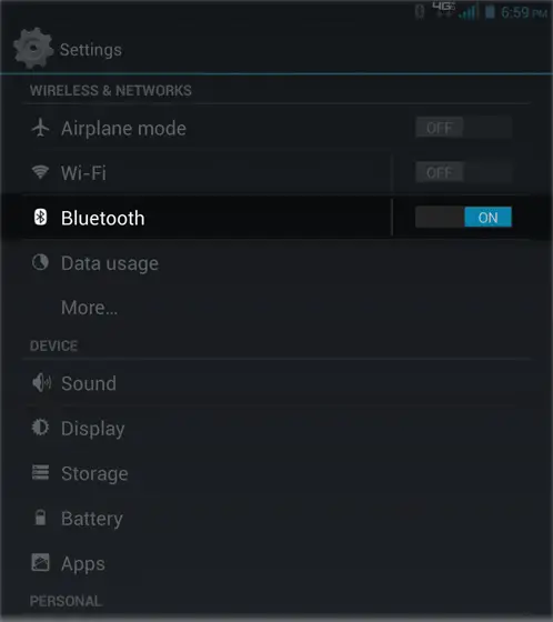 Settings select Bluetooth to ON