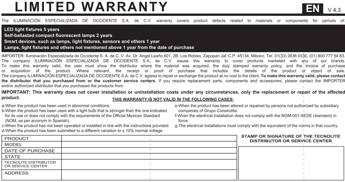 tecnolite 100LQLEDY30MVN Reflector LED Exterior 100W - Warranty