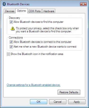 Bluetooth Devices Options menu