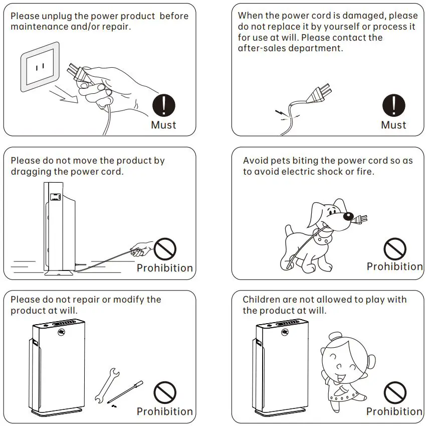AIRQUALITY KJ400F-01A MESP Air Sterilizing Purifier User Manual - Safety Precautions